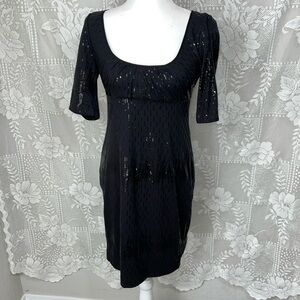 Suzi Chin Black Sequin Jersey Pleated Scoop Neck Party Cocktail Dress
